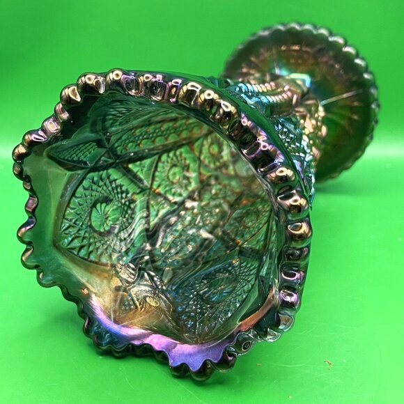 Vintage 1950s Imperial Carnival Glass Daisy Button Green Flared Vase Crimped Rim - Picture 3 of 16